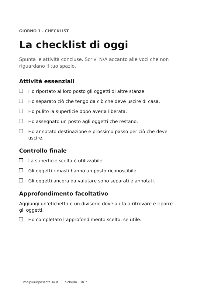 Anteprima della checklist del Giorno 1: aree comuni